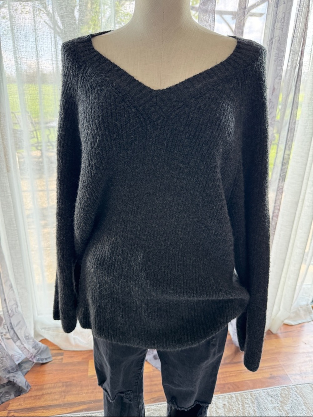 Women's Black V-Neck oversized Cozy Knit Sweater